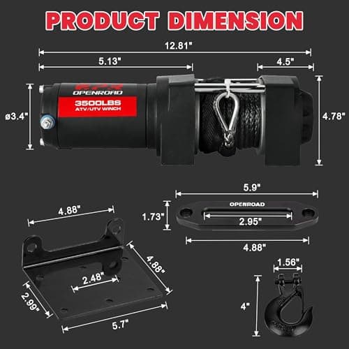 OPENROAD 3500 lb ATV/UTV Winch, Black Heavy Duty 12V Electric ATV Winch Compatible with 3000lb Winch with Wireless Remote Control 7/32"×32' Synthetic Rope Mounting Plate — view 6