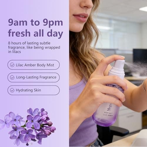 Lilac Amber Body Spray for Women, Long Lasting Floral Woody Fragrance Mist, Paraben & Phthalate Free, Gentle Elegant Daily Perfume, Skin Safe Feminine Body Scent, Travel Size 3.38 fl oz (100ml) — view 5