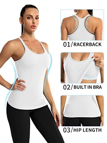 ATTRACO Seamless Workout Tank Tops for Women Racerback Athletic Tank with Built in Bra White — view 7