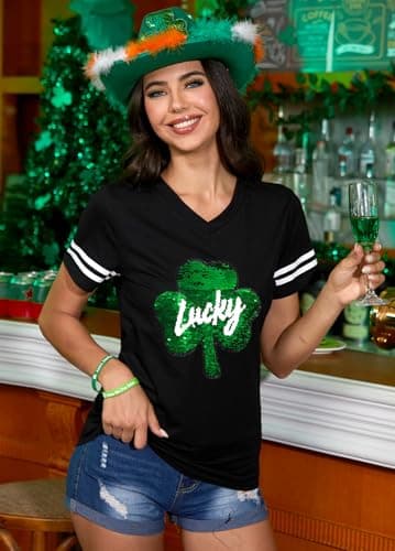ALIREVERIE St Patricks Day Womens Short Sleeve Crewneck Lucky Clover Graphic Casual Holiday T Shirt Black M — view 4