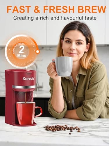 Karosie Single Serve Coffee Maker for K-Cup and Ground Coffee, Fast Brew, 6-12 oz Brew Sizes One Cup Coffee Machine Fits 5.5" Mugs, One-Button Small Coffee Maker with Descaling Reminder, Red — view 2