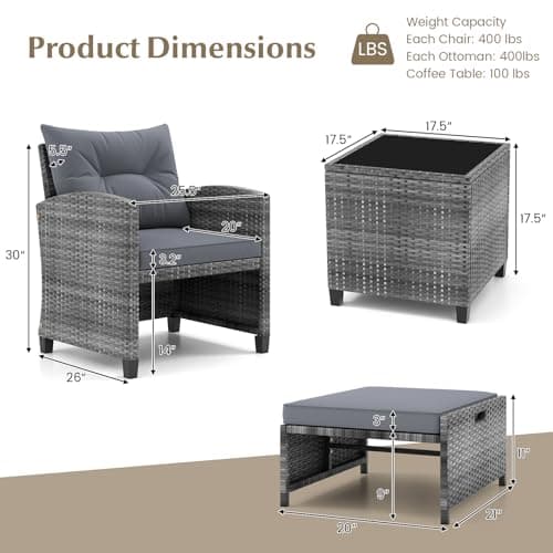 KOTEK 5 Pieces Patio Furniture Set with Ottomans, Wicker Patio Conversation Set with Coffee Table & Cushions, PE Rattan Outdoor Lounge Chairs for Backyard, Porch, Poolside (Mix Grey- Grey) — view 5