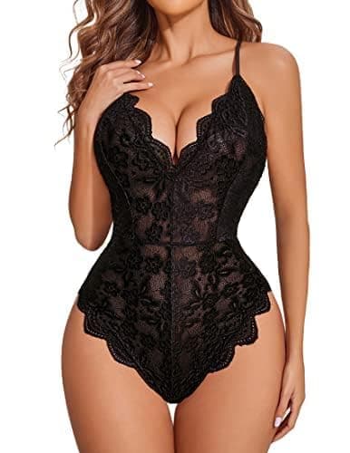 Avidlove Women One Piece Lingerie Deep V Teddy Sexy Lace Bodysuit Snap Crotch Babydoll(Double Layers - Black,XXL)