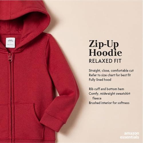 Amazon Essentials Girls' Fleece Zip-Up Hooded Sweatshirt with Lined Hood and Rib Knit Detail, Red, Small