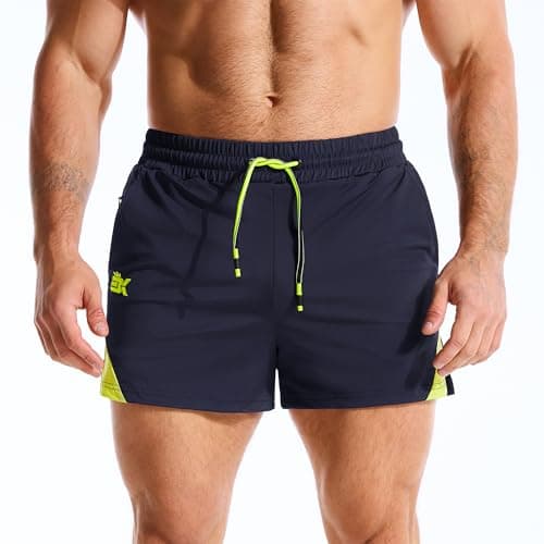 BROKIG Men's LightArmor Bodybuilding Gym Shorts with Zip Pocket,3" Quick Dry Summer Running Shorts for Workout Tennis(Navy Blue,Small)