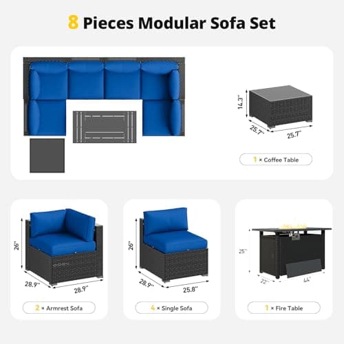 Aoxun Patio Furniture Set with Fire Pit Table, 8 Piece Outdoor Sectional Sofas, Wicker Rattan Outdoor Furniture with Thickened Cushion for Backyard, Garden Navy Blue — view 5