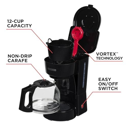 BLACK+DECKER 12-Cup Coffee Maker with Easy On/Off Switch, Easy Pour, Non-Drip Carafe with Removable Filter Basket, Vortex Technology, Black — view 2