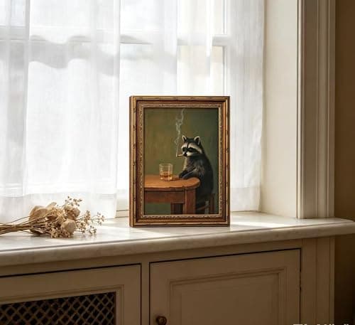 Vintage Gold Framed Smoking Raccoon Wall Art,Moody Dark Funny Animal Whiskey Cigar Canvas Print,Humor Funny Raccoon Wall Decor,Retro Bar Cart Poster Artwork,for Study Living Office Bar Decor — view 8