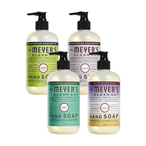 Mrs. MEYER'S Clean Day Liquid Hand Soap 4 Pack Variety, Lemon Verbena, Lavender, Basil, Compassion Flower, 12.5 OZ Each, 1 CT
