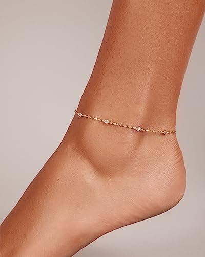 PAVOI 14K Yellow Gold Plated Cubic Zirconia Station Anklet | Dainty Station Ankle Bracelet for Women