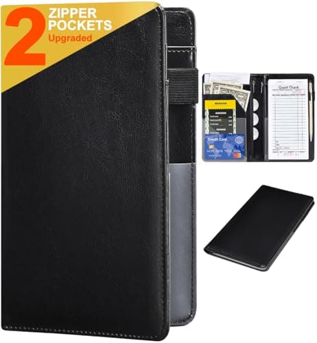 HerriaT Server Books for Waitress - Leather Waiter Book Server Wallet with Zipper Pocket, Cute Waitress Book&Waitstaff Organizer with Money Pocket Fit Server Apron（Classic Black）