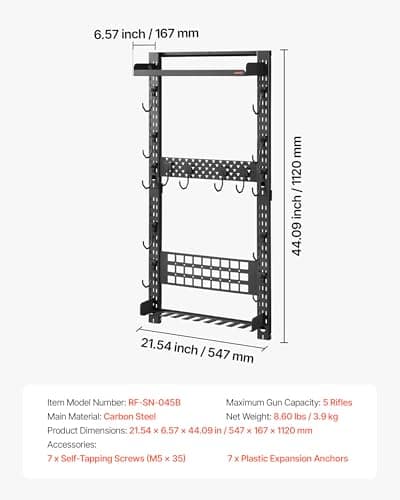 VEVOR Gun Rack Wall Mount, Heavy Duty Steel, Indoor Rifle Shotgun Rack with Magazine Holder, MOLLE Panel, Gun Accessories Display Storage Holder, Hold Up to 5 Rifles or Shotguns, for Tactical Gear — view 6