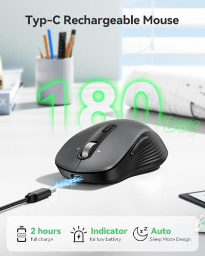 TECKNET Rechargeable Bluetooth Mouse, [ USB + BT5.0 + BT3.0 ] Wireless Mouse, Ergonomic 4-Way Scroll Wheel Computer Mice, 6-Level 4800 DPI Silent Mice, Multi-Device for Computer/Laptop/MacBook (Grey) — view 3