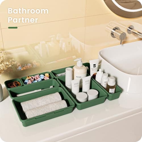 【Military Grade】A-LuGei Drawer Organizer,【𝟱𝗦𝗶𝘇𝗲】Makeup organizer,【Holds 177 Items】Bathroom Organizers and Storage,Organization and Storage,Desk Drawer Organizer for Vanity【Green】