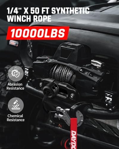 DAYDOOR Synthetic Winch Rope, 1/4 Inch x 50ft 10,000LBS Synthetic Winch Line, Synthetic Winch Cable for Offroad Vehicle 4WD ATV UTV, Synthetic Rope with Forged Winch Hook and Rubber Stopper (Gray)