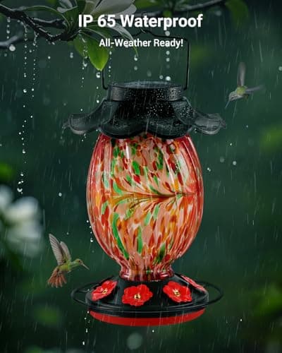 HouseSapp Solar Hummingbird Feeder - 49 fl.oz Hand Blown Glass Color Changing - 7 Feeding Ports with Perch - Never Leak - Perfect Hummingbird Feeder for Outdoors Hanging (Red) — view 5