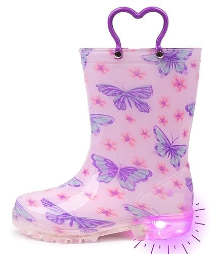 OUTEE Toddler Girls Rain Boots Little Kids Baby child Light Up Waterproof Rubber Shoes Butterfly Printed Mud Lightweight Adorable with Easy-On Handles Non Slip Sole Purple Size 8