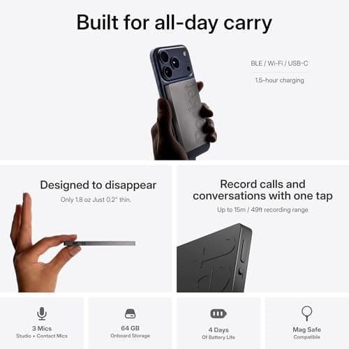 Pocket AI Voice Recorder & Smart Assistant – Auto Transcription, Summaries & Action Items – AI Note Taker for Meetings, Calls & Productivity - Space Grey — view 3