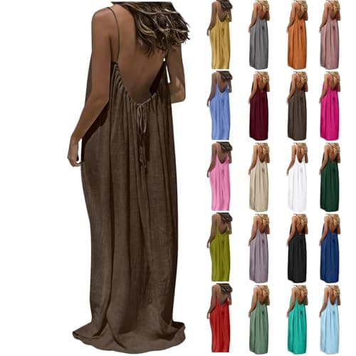 Summer Dresses for Women Backless Cami Dress Spaghetti Stra Flowy Moomoo House Dress Low Back Maxi Beach Vacation Sundress Coffee