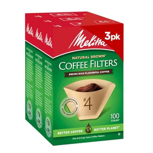 Melitta #4 Unbleached Coffee Filters, Premium, Natural Brown, Flavor Enhancing Coffee Filters for 8-12 Cup Coffee Makers, Kosher Certified, Compostable, 100 Count (Pack of 3)