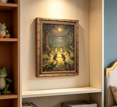 Vintage Gold Framed Frog Wall Art,Frogs Dancing in Moonlight Forest Painting Canvas Prints,Whimsical Animal Wall Decor,Retro Country Toad Poster Artwork for Corridor Living room Bedroom Kitchen — view 3