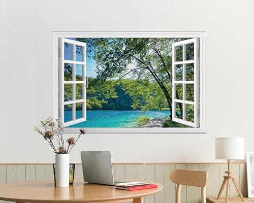 FLFK Fake Window Wall Mural - Lakes in The Jungle Faux Window Wall Sticker for Wall Decor, Stick and Peel Wall Decals,48"x32",Set of 2 Sheets — view 5