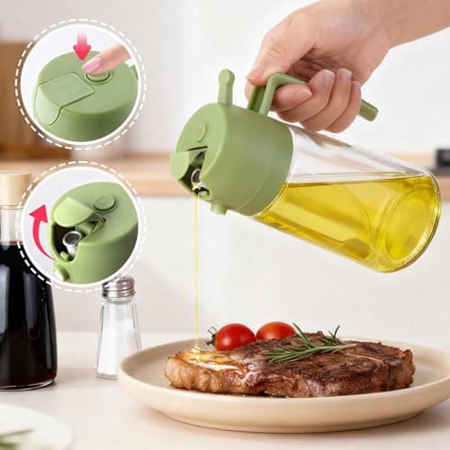 2Pack Glass Oil Sprayer for Cooking 16oz/470ml, 2 in 1 Oil Dispenser with Label Stickers & Portion Control, Kitchen Gadget for Air Fryer, Salad, BBQ, Frying（Black+Green） — view 2