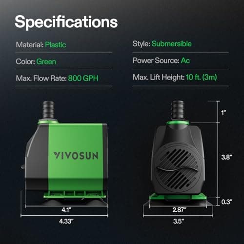 VIVOSUN 800GPH Submersible Pump(3000L/H, 50W), Ultra Quiet Water Pump with 10ft High Lift, Fountain Pump with 5ft Power Cord, 3 Nozzles for Fish Tank, Pond, Aquarium, Statuary, Hydroponics — view 5