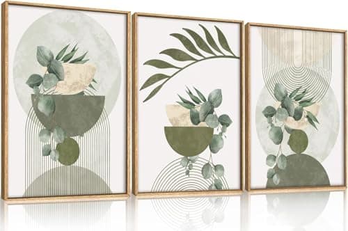 Ausril Sage Green Plant Canvas Wall Art Set 3, Abstract Geometric Line Botanical Framed Prints, Beige Minimalist Boho Leaf Paintings,16x24In Mid Century Modern Artwork for Living Room,Bedroom,Office