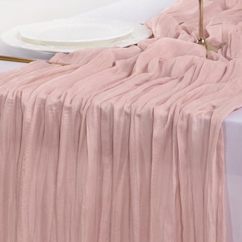 Socomi Pink Cheesecloth Table Runner Summer Boho Rustic Gauze Dusty Pink Farmhouse 120 inch 10FT Cheese Cloth for Wedding Tea Party Baby Shower Birthday Home Decor Holiday Decorations — view 5