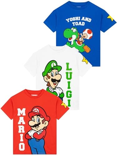 Super Mario Boys T-Shirt 3 Pack, Short Sleeve Mario, Luigi and Yoshi Summer Tops, Cotton Clothes for Boys 7