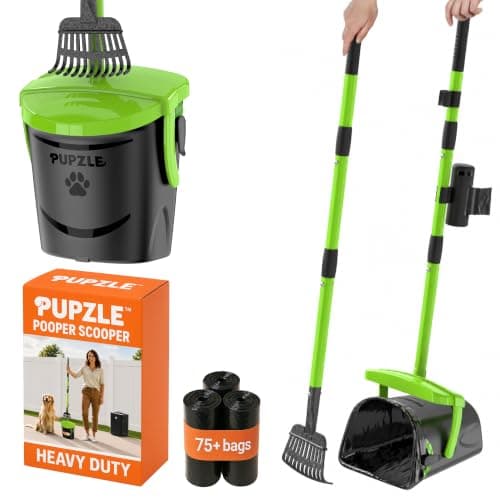 Pupzle Dog Pooper Scooper with Bag Attachment, 40" Long Handle Pooper Scooper for Large Dogs Heavy Duty, Metal Dog Poop Scoop for Yard, Large Capacity Bin and Rake with 100 Refill Bags for Dogs
