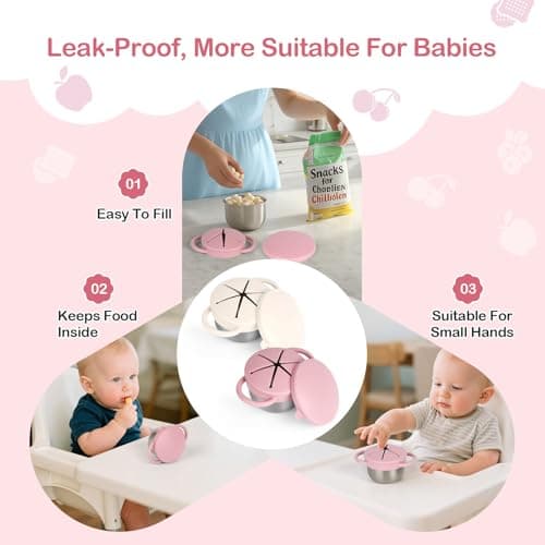 Daximo 2 Pack Snack Cups for Toddlers Spill Proof - Detachable Stainless Steel Toddler Snack Cups with Silicone Lids & Handles - Dishwasher Safe Snack Container (Matte Pink and Matte Off White)