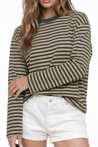 CHYRII Women Oversized Striped Long Sleeve T Shirts Fashion Casual Fall Spring 2026 Tops Y2K Clothes (Dark Grey+Beige S) — view 4
