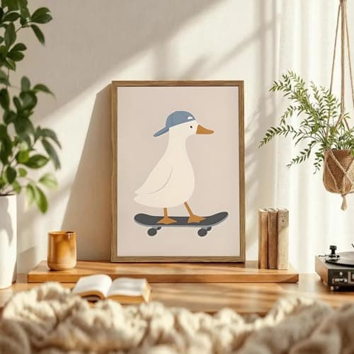 Cute Goose Wall Art Funny Silly Goose Skateboard Wall Decor Painting Whimsical Duck Poster Canvas Print Picture for Living Room Bedroom 12x16 inch Wood Framed