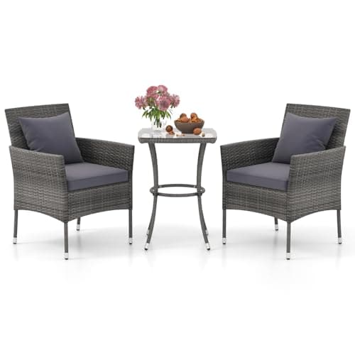 DORTALA Wicker Patio Furniture Set 3 Piece, Small Outdoor Table & Chairs with Tempered Glass Tabletop, Cushions, Rattan Conversation Bistro Set for Balcony, Porch, Backyard, Deck, Mix Gray+Gray