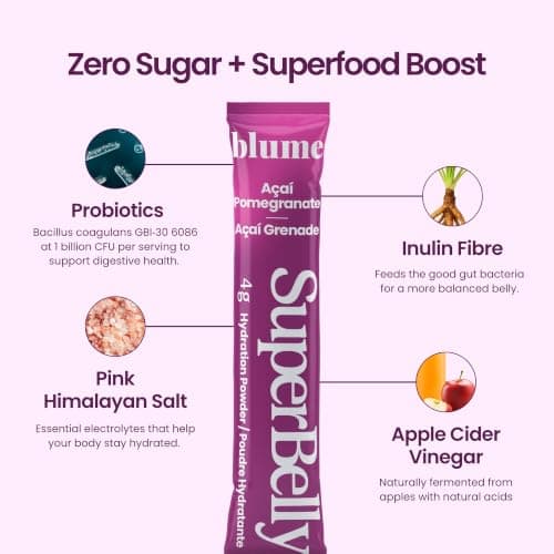 Blume SuperBelly Gut Health + Hydration, Daily Sugar Free Probiotics, Inulin Fiber, and Hydrating Minerals Powder Packets for Digestion Support - Açai Pomegranate, 15 Sticks — view 3