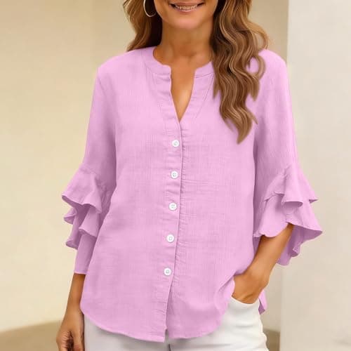 3/4 Ruffle Sleeve Cotton Linen Shirts for Women Dressy V Neck Beach Tunic Tops Elegant Summer Casual Work Blouses Hot Pink — view 2