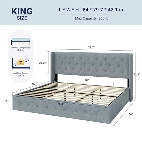 Allewie King Size Lift Up Storage Bed, Button Tufted Headboard with Wingback, Hydraulic Support, No Box Spring Needed, Grey Blue