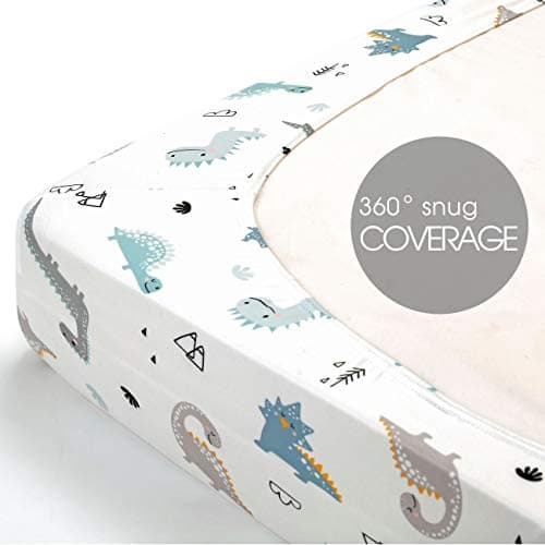 GRSSDER Stretchy Ultra Soft Jersey Knit Fitted Pack n Play Sheets Set 2 Pack, Portable/Mini Crib Sheets for Boys, Universal Fit for Pack N Plays Safe and Snug, Happy Dinosaurs for Baby — view 6