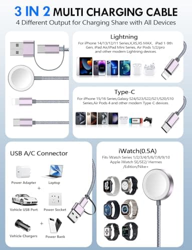 2Pack Multi Charging Cable Cord for Travel Essentials,Apple Watch Charger,iPhone Charger,[3-in-2] Type C/L Cable Portable Designed for iWatch,iPhone 17-8,Galaxy S26-21,Xbox Series X&S,iPad-4FT