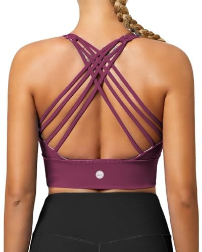 QUEENIEKE Sports Bras for Women Padded Medium Support for Yoga Cross Back Strappy Free to Be Bra (Boysenberry, M) — view 3