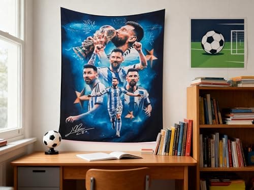 World Cup Soccer Superstar Lionel Messi Wall Tapestry For Teens Fans Bedroom Wall Hanging Decoration Wall Poster Decor Fabric-Printed Decor Wall Hanging Tapestry HD Fade-Resistant Polyester Wall Poster for Living Room Bedroom 35.4x47.2inches (Black-Blue) — view 3