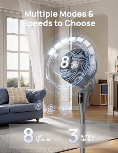 DREO Fan for Bedroom, 90° Oscillating Standing Fan, 20dB Quiet, 90ft Pedestal Fans for Room Office, DC Motor, 8+H Speeds, 3 Modes, 38-42'' Adjustable Height, Remote, 8H Timer, 105° Manual Vertical — view 5