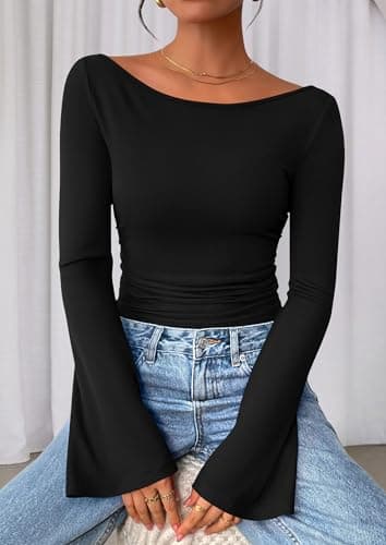 PRETTYGARDEN Women's Long Sleeve Shirt 2026 Fall Crop Going Out Tops Casual Boat Neck Bell Sleeve Ribbed Ruched Y2K Clothes (Black,Medium) — view 4