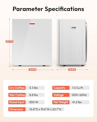 EUHOMY 1.5 Cu.ft. Portable Dryer with 4 Drying Programs, 5.5 lbs Clothes Capacity, Mirror Finish & LCD Touch Panel, 850W Portable Clothes Dryer for Apartment, Dorm & RV, White — view 6