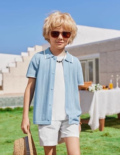 Arshiner Boys Button Down Shirt Short Sleeve Knit Shirt Summer Vintage Fashion Casual Beach Shirts for Kids 3-14 Years Light Blue