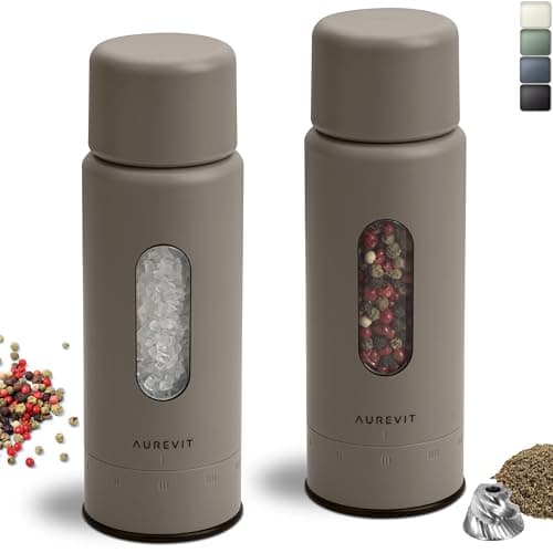 Aurevit Salt and Pepper Grinder Set Manual, Salt and Pepper Mill with Ceramic/Stainless Steel Core, External Adjustable Coarseness, Refillable, Durable (2 Packs, Greige)