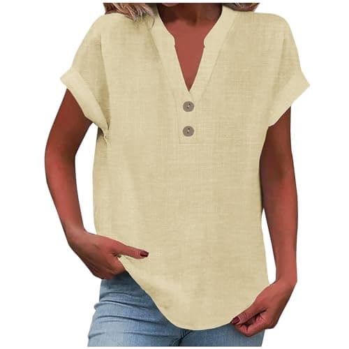 Linen Shirts for Women V Neck Button Up Shirt Short Sleeve Loose Fit Lightweight Blouses Casual Summer Beach T-Shirt Yellow