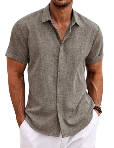 COOFANDY Men's Linen Shirts Short Sleeve Casual Button Down Shirt for Men Untucked Shirt Summer Vacation Brown